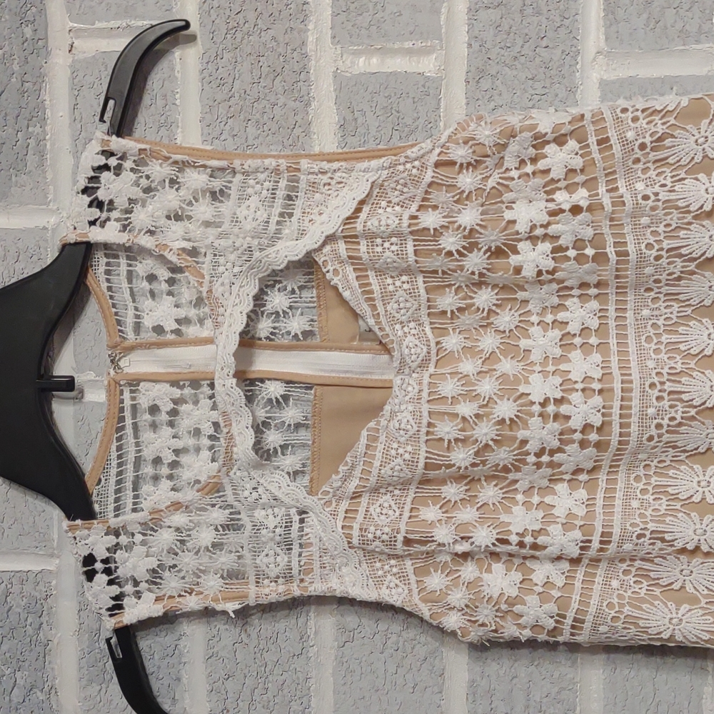 FREE w/ Bundle Francesca's Tan Dress White Lace Overlay & Cutout Chest Small - Picture 4 of 15